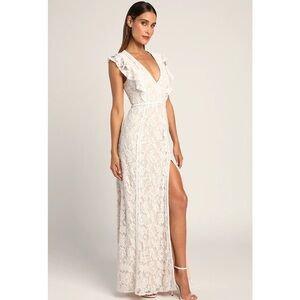 Lulus This Moment in Time White Floral Lace Ruffled V-Neck Maxi Dress NWT Large